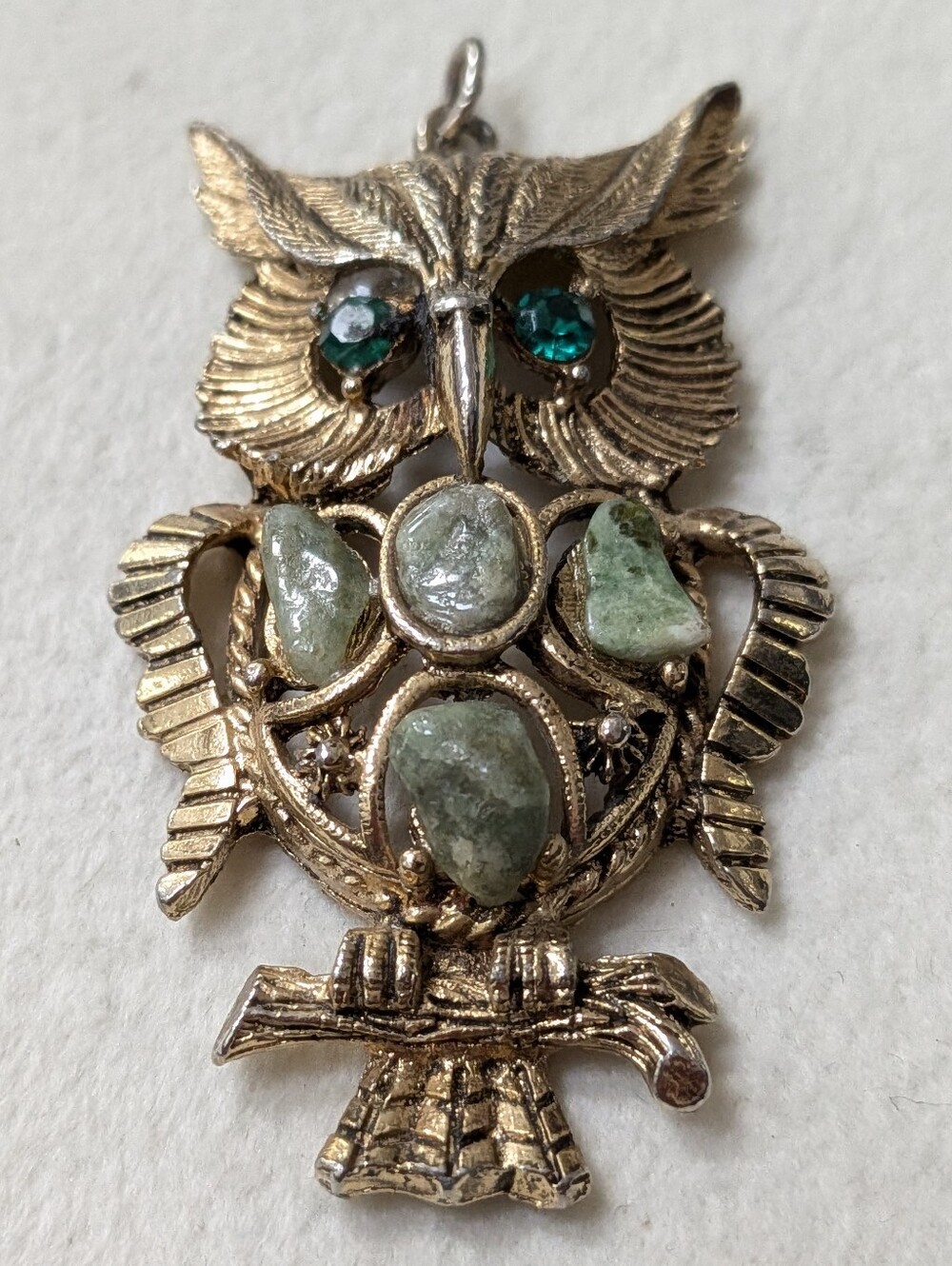 Vintage Gold Tone Owl Pendant with Green Rhinestone Eyes & Aventurine Stones